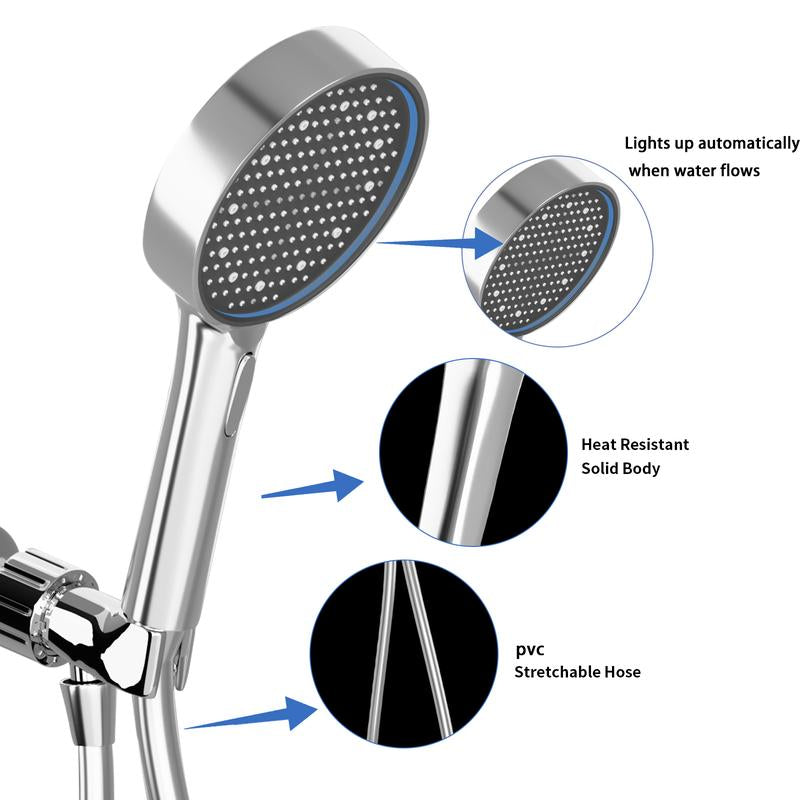 High Pressure Handheld Shower Head with 3 Spray Modes, Adjustable Angle Bracket, Hose, and Water-Activated LED Lights