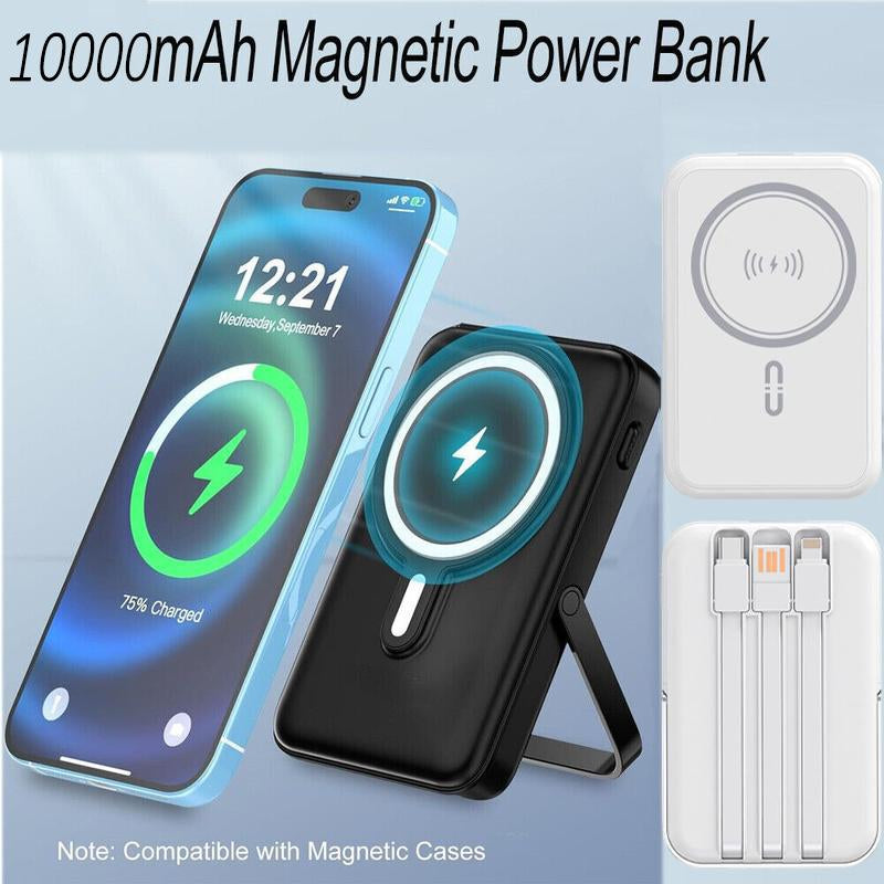 Mini Magnetic Powerbank Wireless&Wired Charger with Built-In Phone Holder- Fast Charging Portable Mobile Power Bank with Multi-Cables