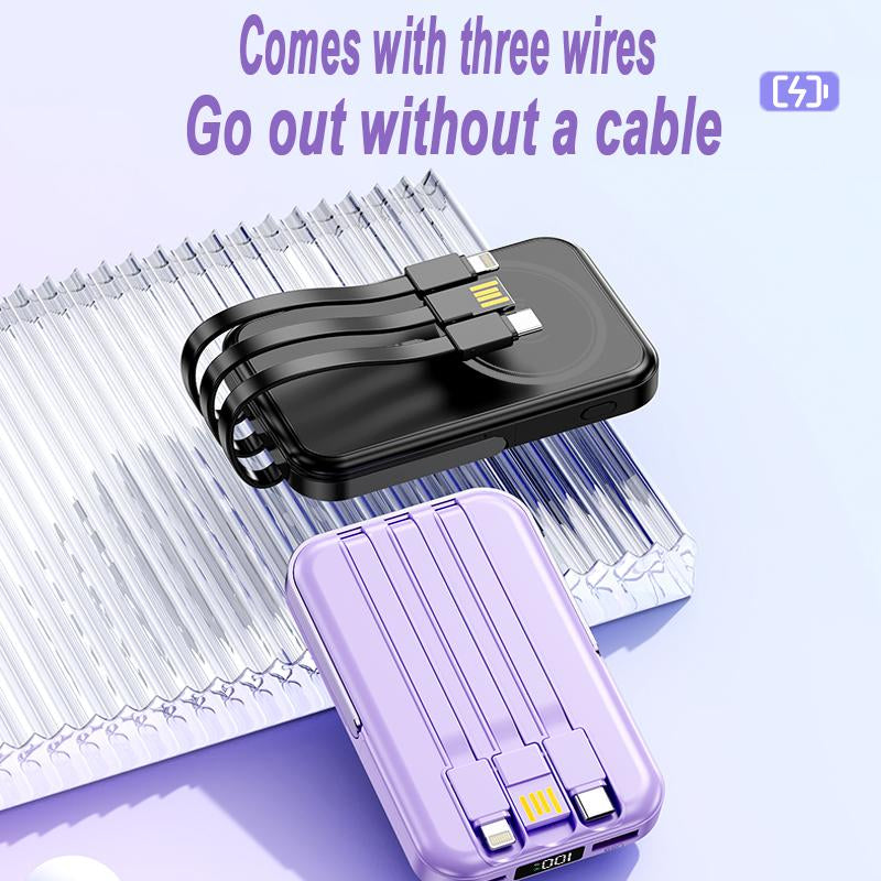 Mini Magnetic Powerbank Wireless&Wired Charger with Built-In Phone Holder- Fast Charging Portable Mobile Power Bank with Multi-Cables