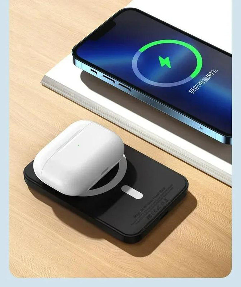 Mini Magnetic Powerbank Wireless&Wired Charger with Built-In Phone Holder- Fast Charging Portable Mobile Power Bank with Multi-Cables