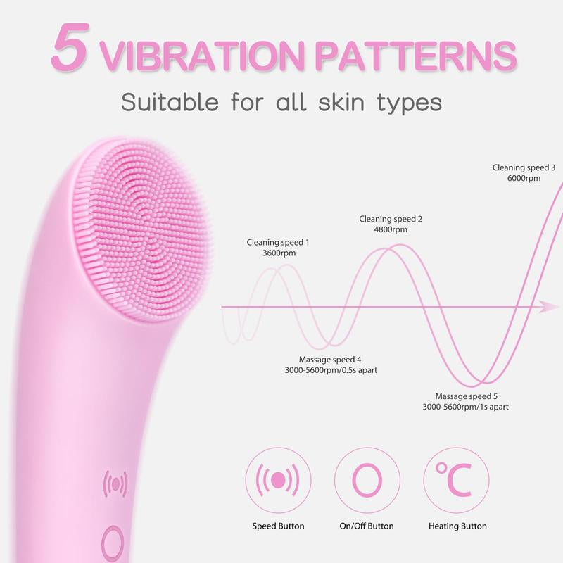 Electric Facial Cleansing Silicone Brush, Heatable Vibrating Face Scrubber with Massage, Silicone Face Scrubber for Women & Men, Electric Facial Cleanser for Deep Cleansing, Gentle Exfoliating