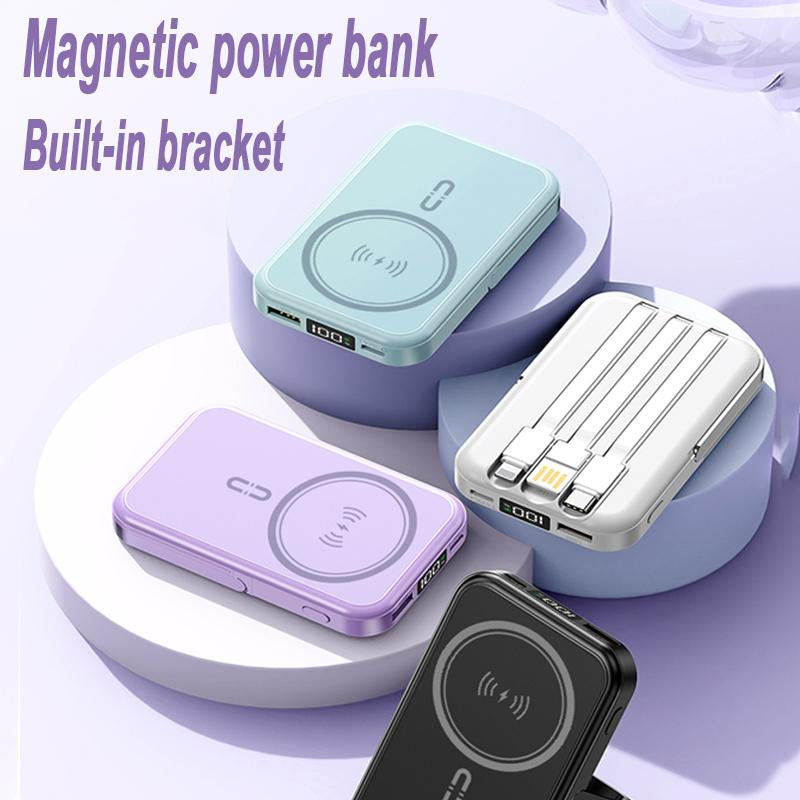 Mini Magnetic Powerbank Wireless&Wired Charger with Built-In Phone Holder- Fast Charging Portable Mobile Power Bank with Multi-Cables