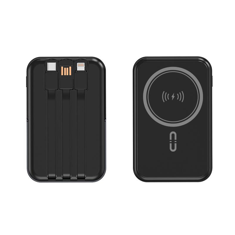 Mini Magnetic Powerbank Wireless&Wired Charger with Built-In Phone Holder- Fast Charging Portable Mobile Power Bank with Multi-Cables
