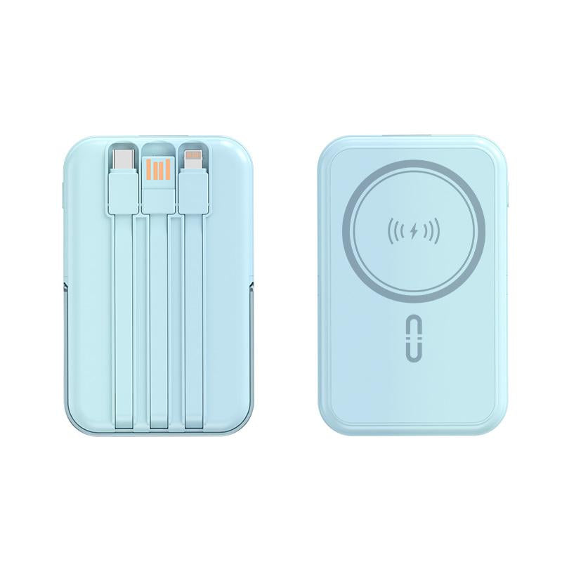 Mini Magnetic Powerbank Wireless&Wired Charger with Built-In Phone Holder- Fast Charging Portable Mobile Power Bank with Multi-Cables